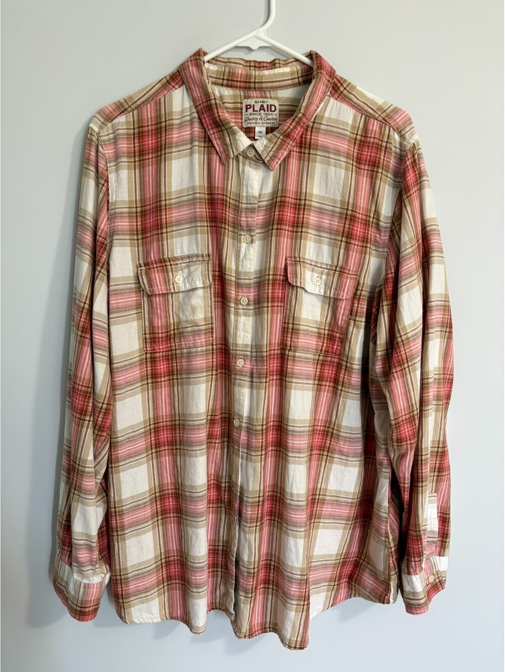 Old Navy Shirt Womens XXL 2X Pink White Flannel Plaid Button Up Long Boyfriend